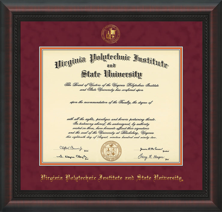 Image of Virginia Tech Diploma Frame - Mahogany Braid - w/Embossed VT Seal & Name - Maroon Suede on Orange mat