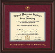 Image of Virginia Tech Diploma Frame - Mahogany Lacquer - w/Embossed VT Seal & Name - Maroon Suede on Orange mat