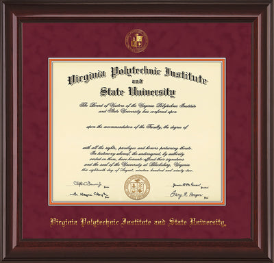 Image of Virginia Tech Diploma Frame - Mahogany Lacquer - w/Embossed VT Seal & Name - Maroon Suede on Orange mat