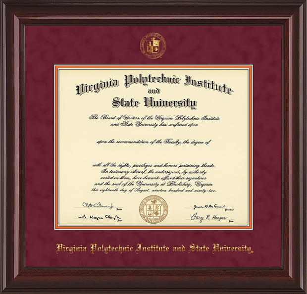 Image of Virginia Tech Diploma Frame - Mahogany Lacquer - w/Embossed VT Seal & Name - Maroon Suede on Orange mat