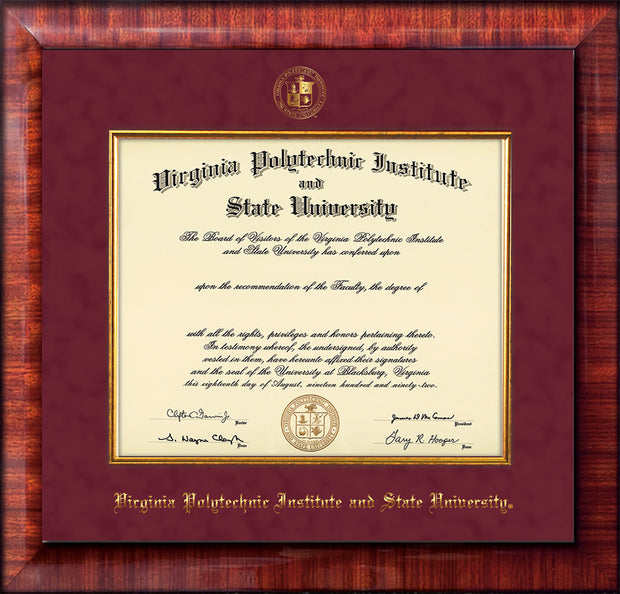 Image of Virginia Tech Diploma Frame - Mezzo Gloss - w/Embossed VT Seal & Name - Fillet - Maroon Suede mat