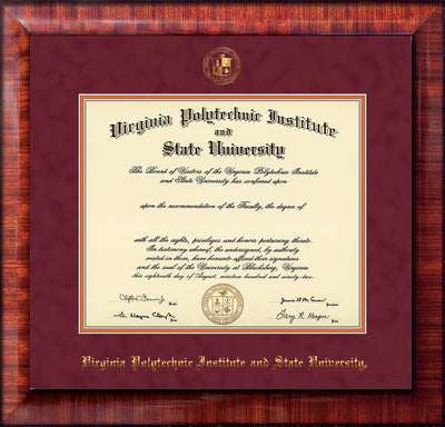 Image of Virginia Tech Diploma Frame - Mezzo Gloss - w/Embossed VT Seal & Name - Maroon Suede on Orange mat