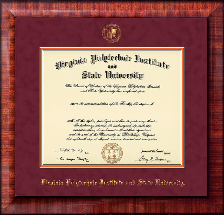 Image of Virginia Tech Diploma Frame - Mezzo Gloss - w/Embossed VT Seal & Name - Maroon Suede on Orange mat