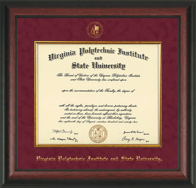 Image of Virginia Tech Diploma Frame - Rosewood - w/Embossed VT Seal & Name - Fillet - Maroon Suede mat