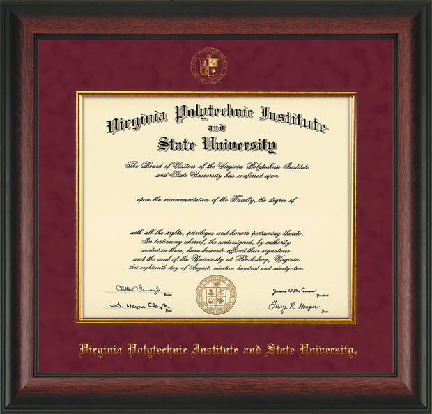 Image of Virginia Tech Diploma Frame - Rosewood - w/Embossed VT Seal & Name - Fillet - Maroon Suede mat