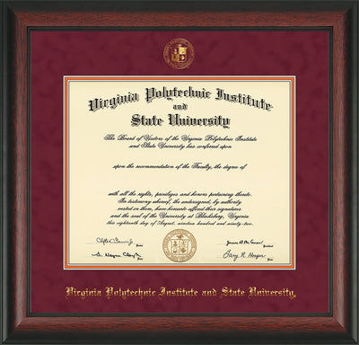 Image of Virginia Tech Diploma Frame - Rosewood - w/Embossed VT Seal & Name - Maroon Suede on Orange mat