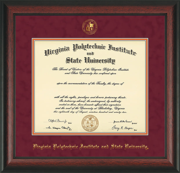 Image of Virginia Tech Diploma Frame - Rosewood - w/Embossed VT Seal & Name - Maroon Suede on Orange mat