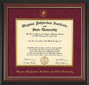 Image of Virginia Tech Diploma Frame - Rosewood with Gold Lip - w/Embossed VT Seal & Name - Fillet - Maroon Suede mat