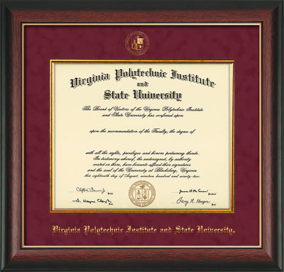 Image of Virginia Tech Diploma Frame - Rosewood with Gold Lip - w/Embossed VT Seal & Name - Fillet - Maroon Suede mat