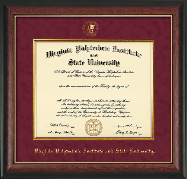 Image of Virginia Tech Diploma Frame - Rosewood with Gold Lip - w/Embossed VT Seal & Name - Fillet - Maroon Suede mat