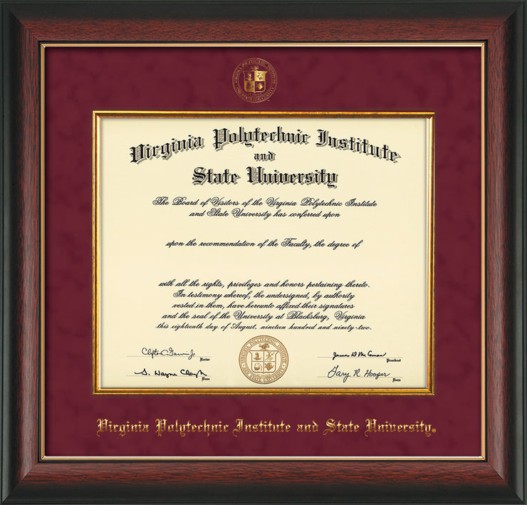 Image of Virginia Tech Diploma Frame - Rosewood with Gold Lip - w/Embossed VT Seal & Name - Fillet - Maroon Suede mat