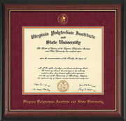 Image of Virginia Tech Diploma Frame - Rosewood with Gold Lip - w/Embossed VT Seal & Name - Maroon Suede on Orange mat