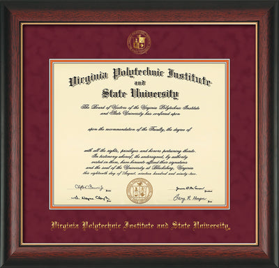 Image of Virginia Tech Diploma Frame - Rosewood with Gold Lip - w/Embossed VT Seal & Name - Maroon Suede on Orange mat