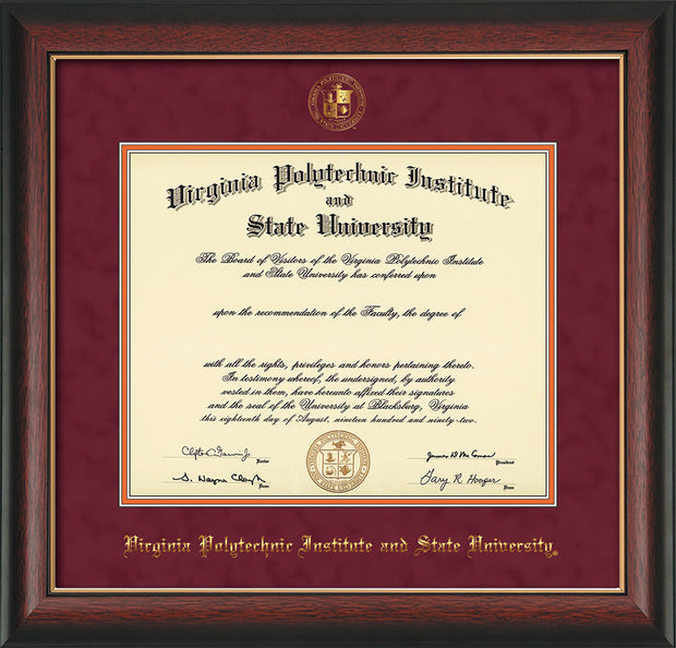 Image of Virginia Tech Diploma Frame - Rosewood with Gold Lip - w/Embossed VT Seal & Name - Maroon Suede on Orange mat