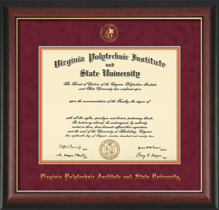 Image of Virginia Tech Diploma Frame - Rosewood with Gold Lip - w/Embossed VT Seal & Name - Maroon Suede on Orange mat