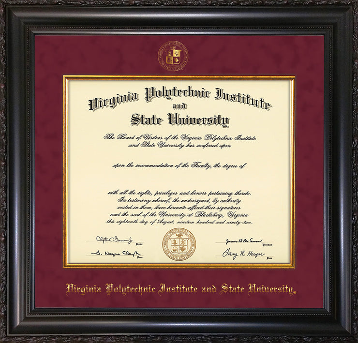 Image of Virginia Tech Diploma Frame - Vintage Black Scoop - w/Embossed VT Seal & Name - Fillet - Maroon Suede mat