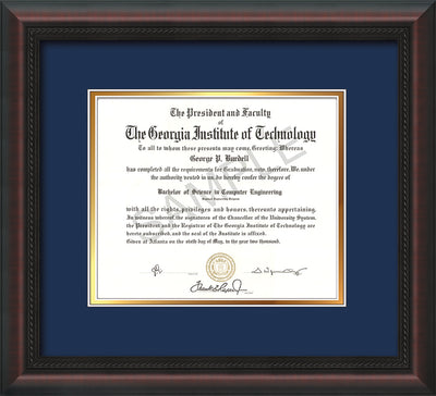 Image of Georgia Southern University Diploma Frame - Mahogany Braid - w/No Embossing - Navy on Gold mat