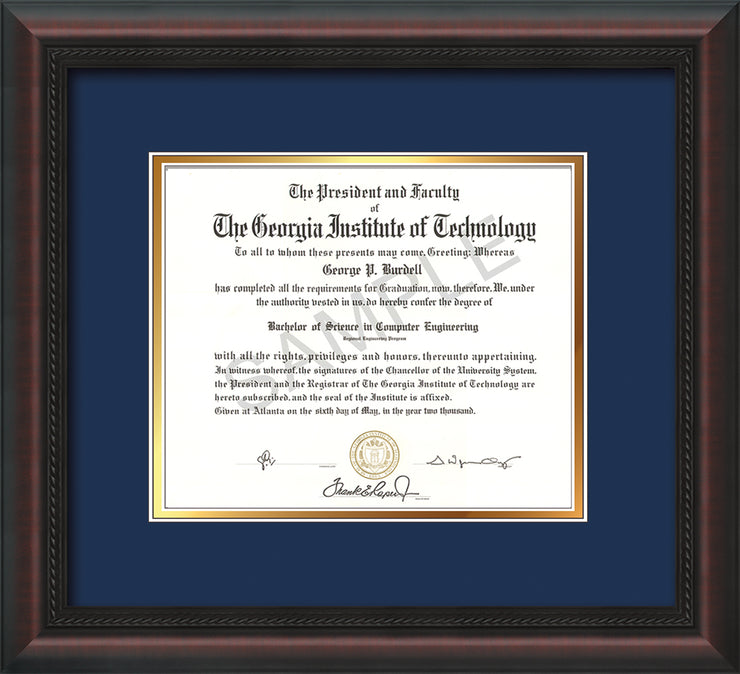 Image of Georgia Southern University Diploma Frame - Mahogany Braid - w/No Embossing - Navy on Gold mat