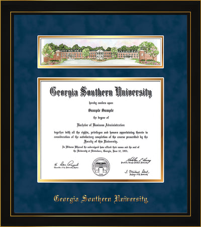 Image of Georgia Southern University Diploma Frame - Honors Black Satin - w/Embossed School Name Only - Campus Collage - Navy Suede on Gold mat
