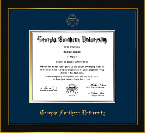 Image of Georgia Southern University Diploma Frame - Honors Black Satin - w/Embossed Seal & Name - Navy on Gold mat