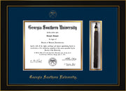Image of Georgia Southern University Diploma Frame - Honors Black Satin - w/Embossed Seal & Name - Tassel Holder - Navy on Gold mat