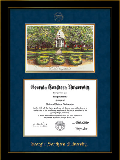 Image of Georgia Southern University Diploma Frame - Honors Black Satin - w/Embossed Seal & Name - Watercolor - Navy Suede on Gold mat