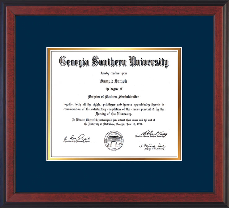 Image of Georgia Southern University Diploma Frame - Cherry Reverse - w/No Embossing - Navy on Gold mat