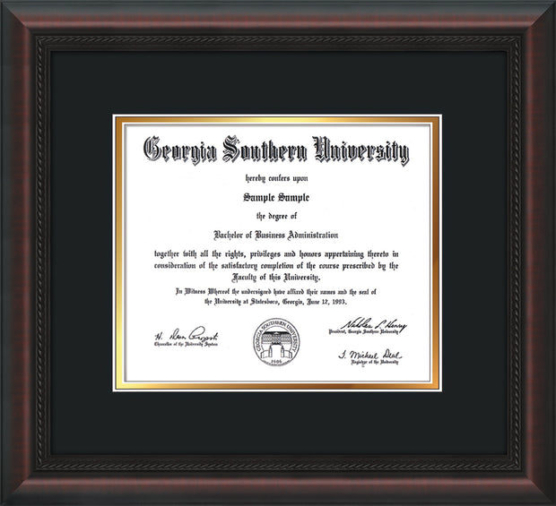 Image of Georgia Southern University Diploma Frame - Mahogany Braid - w/No Embossing - Black on Gold mat