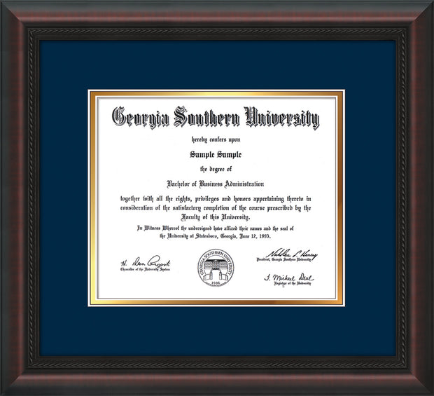 Image of Georgia Southern University Diploma Frame - Mahogany Braid - w/No Embossing - Navy on Gold mat