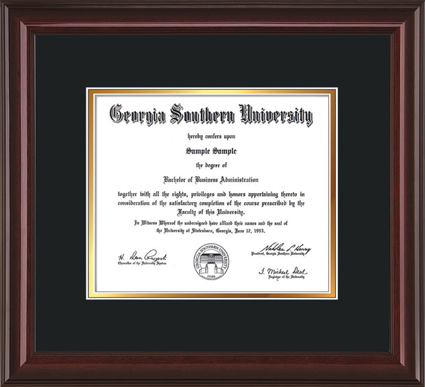 Image of Georgia Southern University Diploma Frame - Mahogany Lacquer - w/No Embossing - Black on Gold mat