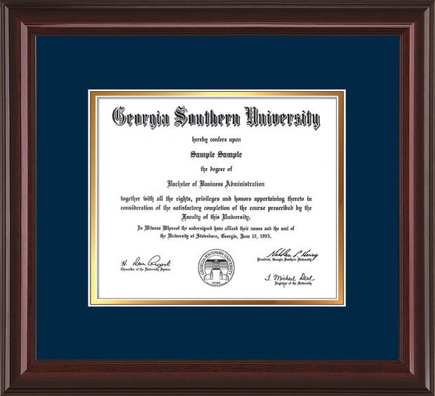 Image of Georgia Southern University Diploma Frame - Mahogany Lacquer - w/No Embossing - Navy on Gold mat