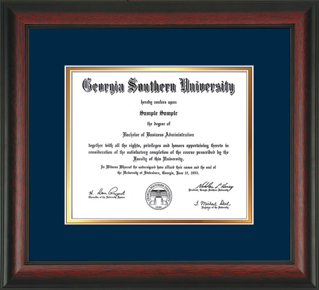 Image of Georgia Southern University Diploma Frame - Rosewood - w/No Embossing - Navy on Gold mat