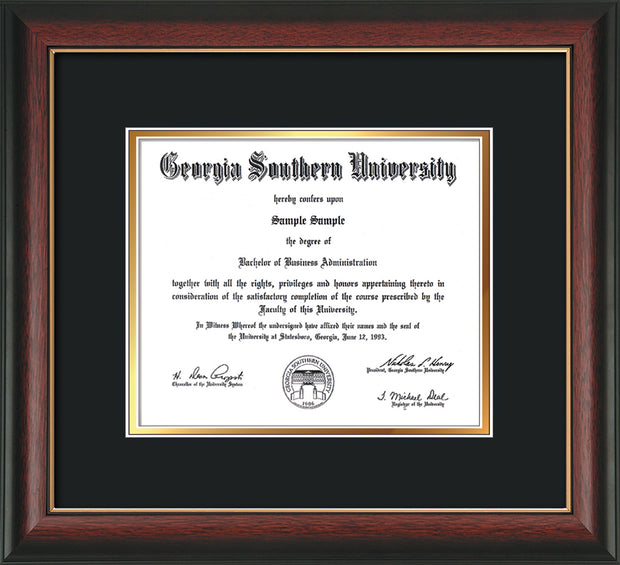 Image of Georgia Southern University Diploma Frame - Rosewood with Gold Lip - w/No Embossing - Black on Gold mat