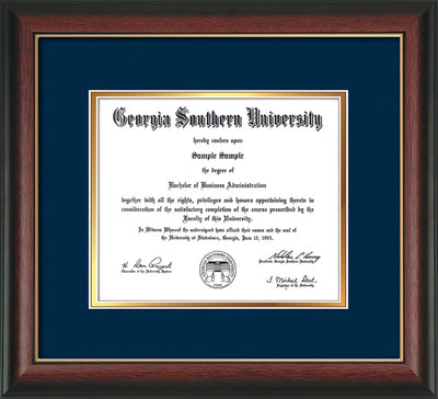 Image of Georgia Southern University Diploma Frame - Rosewood with Gold Lip - w/No Embossing - Navy on Gold mat
