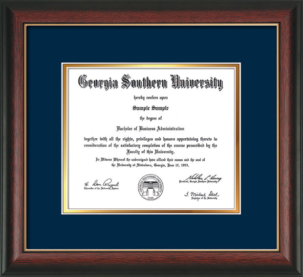 Image of Georgia Southern University Diploma Frame - Rosewood with Gold Lip - w/No Embossing - Navy on Gold mat