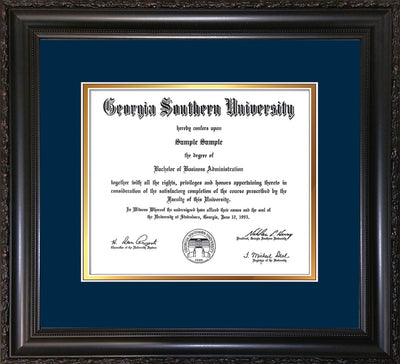 Image of Georgia Southern University Diploma Frame - Vintage Black Scoop - w/No Embossing - Navy on Gold mat