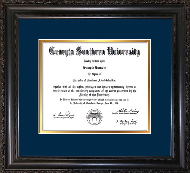 Image of Georgia Southern University Diploma Frame - Vintage Black Scoop - w/No Embossing - Navy on Gold mat