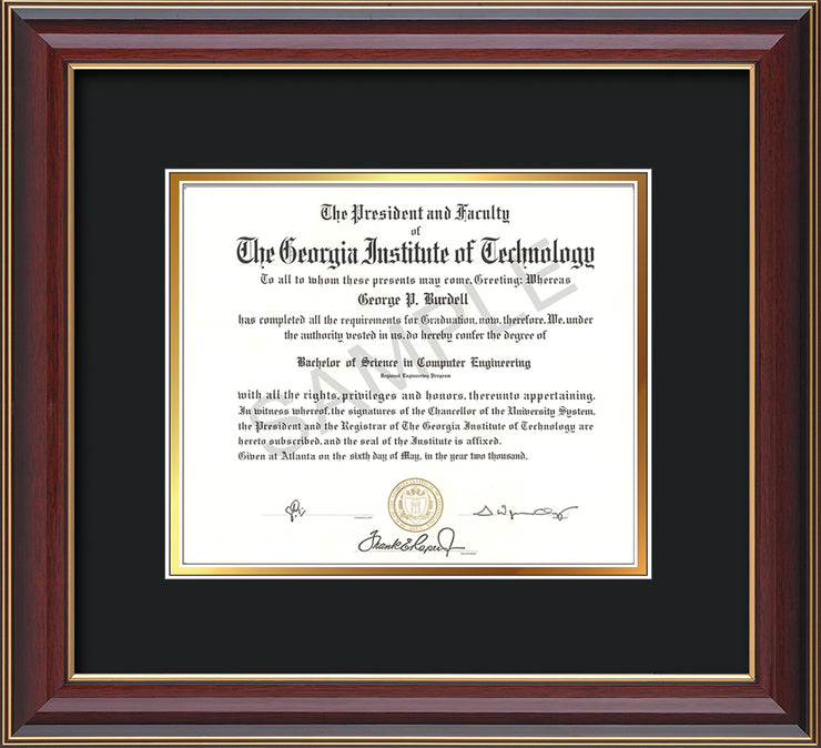 Image of Georgia Tech Diploma Frame - Cherry Lacquer - w/No Embossing - Black on Gold mat