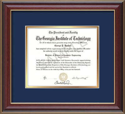 Image of Georgia Tech Diploma Frame - Cherry Lacquer - w/No Embossing - Navy on Gold mat