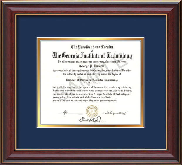 Image of Georgia Tech Diploma Frame - Cherry Lacquer - w/No Embossing - Navy on Gold mat