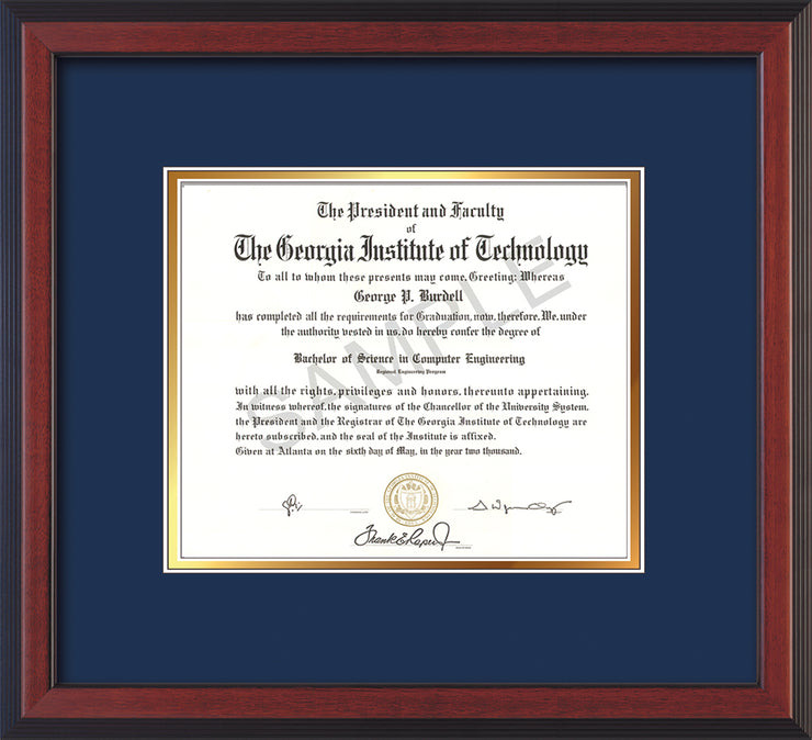 Image of Georgia Tech Diploma Frame - Chery Reverse- w/No Embossing - Navy on Gold mat