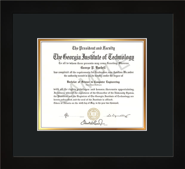 Image of Georgia Tech Diploma Frame - Flat Matte Black - w/No Embossing - Black on Gold mat