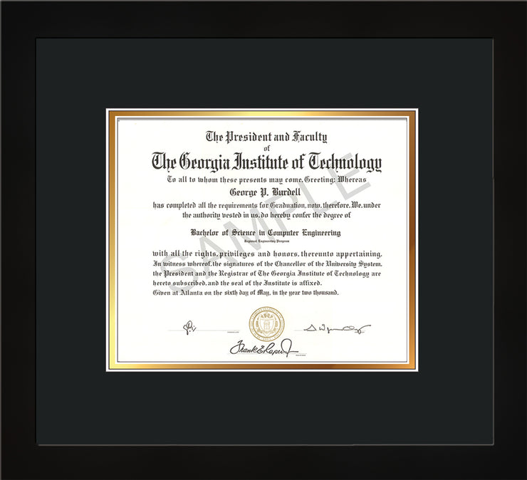 Image of Georgia Tech Diploma Frame - Flat Matte Black - w/No Embossing - Black on Gold mat