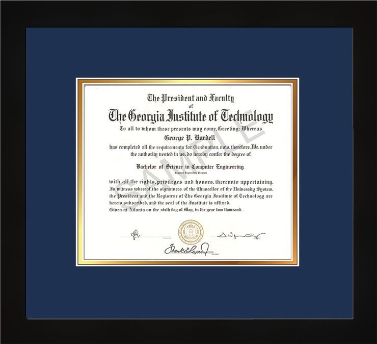 Image of Georgia Tech Diploma Frame - Flat Matte Black- w/No Embossing - Navy on Gold mat