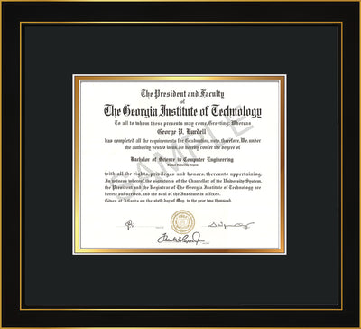 Image of Georgia Tech Diploma Frame - Honors Black Satin - w/No Embossing - Black on Gold mat