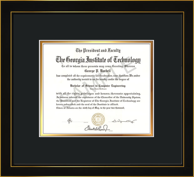 Image of Georgia Tech Diploma Frame - Honors Black Satin - w/No Embossing - Black on Gold mat