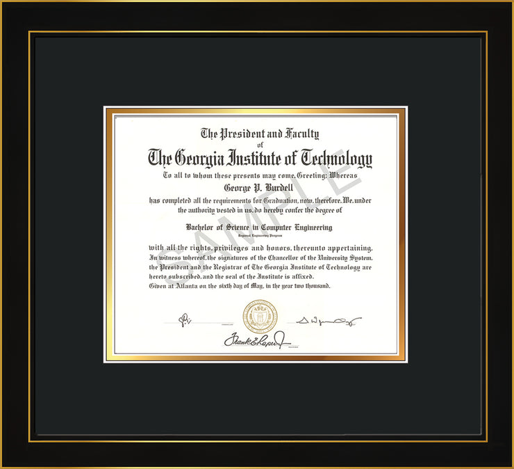 Image of Georgia Tech Diploma Frame - Honors Black Satin - w/No Embossing - Black on Gold mat