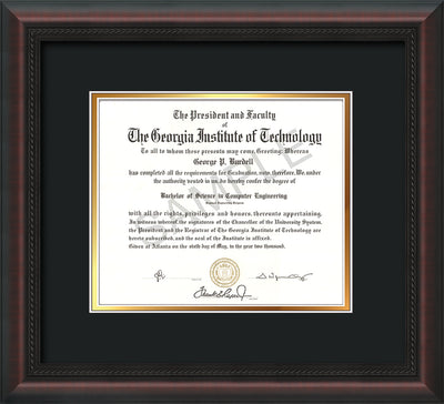 Image of Georgia Tech Diploma Frame - Mahogany Braid - w/No Embossing - Black on Gold mat