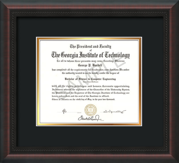 Image of Georgia Tech Diploma Frame - Mahogany Braid - w/No Embossing - Black on Gold mat