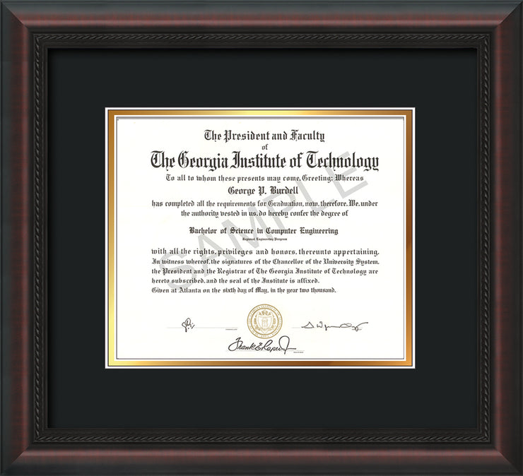 Image of Georgia Tech Diploma Frame - Mahogany Braid - w/No Embossing - Black on Gold mat